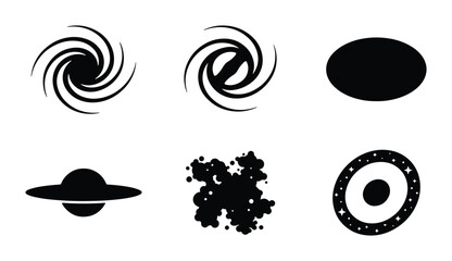 Cosmic Galaxy Icons, Black Swirl Nebulae, UFO Spaceship, Star Cluster, Celestial Orbit, Space Vector Graphics © Saimon