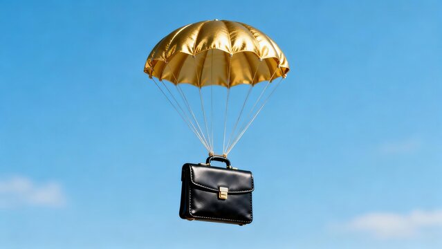 A black leather briefcase descends under a shiny golden parachute against a clear bright blue sky with soft clouds.