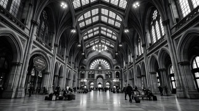 Grand Parisian Train Station Hallway Architecture Travel Monochrome