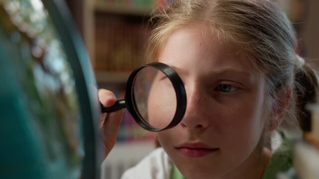 Curious Caucasian little girl exploring globe searching location country with magnifying glass studying in school child kid schoolkid pupil explore world map study geography dreaming about traveling
