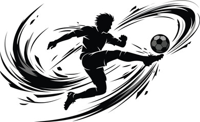 Fototapeta premium Dynamic silhouette of a soccer player kicking a ball mid air, surrounded by abstract motion swirl lines