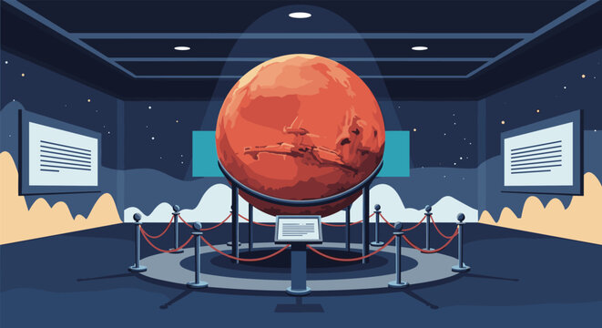 Large model of the planet Mars is featured as a museum exhibit with information plaques and red rope barriers around.