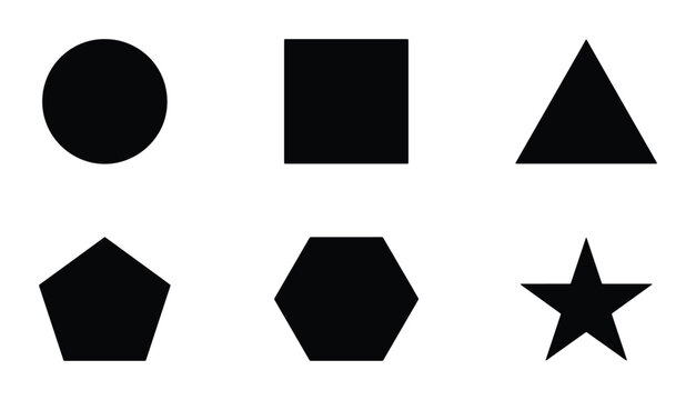 Geometric Shapes Collection: Circle, Square, Triangle, Pentagon, Hexagon, Star Icons. Basic Forms, Simple Black Silhouettes for Design Elements.