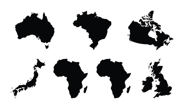 World Map Silhouettes: Australia, Brazil, Canada, Japan, Africa, UK, Continents & Countries Vector Icons