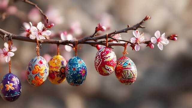 Decorated Easter eggs hanging on a spring tree branch