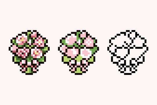 A professional pixel art sprite of a beautiful mini flower bouquet with pink blossoms and green leaves. This asset pack features three distinct design variations: a fully detailed shaded version.