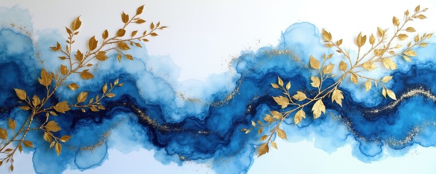Blue and gold abstract flowing liquid with gold leaf branches. Swirling ink watercolor art background, elegant design for luxury cards invitations banners and decor.