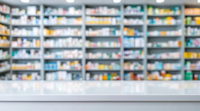 Blurred image of shelves filled with assorted medicine boxes and bottles inside a well-lit pharmacy or drug store interior with a clean white countertop in the foreground