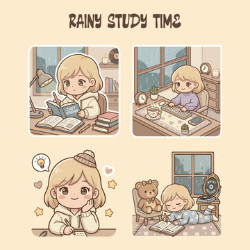 Rainy Study Time - Cozy Rainy Day Girl Sticker Set