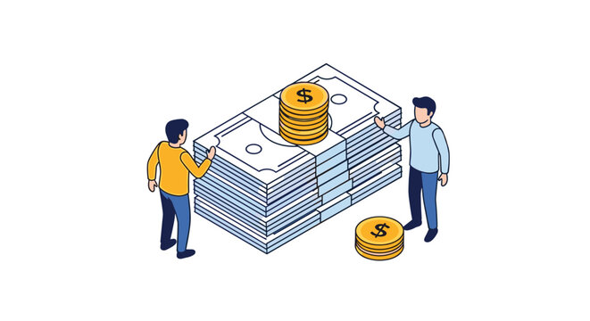 Two businessmen standing next to a massive stack of dollar bills and gold coins symbolizing high profit and financial success.