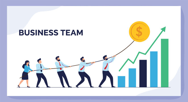 Collaborative business team pulling a rope to lift a giant gold coin up a growth chart illustrating teamwork for financial success.