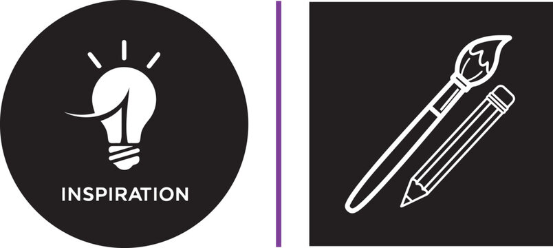 Creative inspiration icons set with lightbulb paintbrush and pencil vector graphics for artistic design and brainstorming