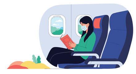 Obraz premium Young woman wearing a white medical mask sitting in an airplane seat and reading a red book during her flight.