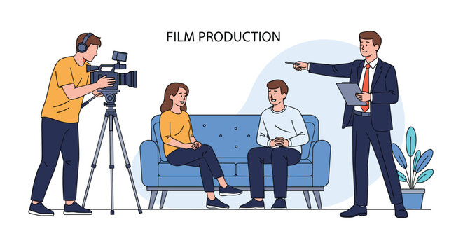 Film production team on set with a cameraman, director, and actors sitting on a sofa during an interview session.