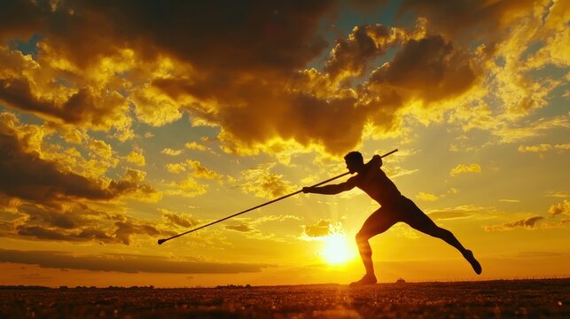 A dynamic freeze-frame of a javelin thrower&acirc;&euro;&trade;s silhouette against a golden sunset on an open training field