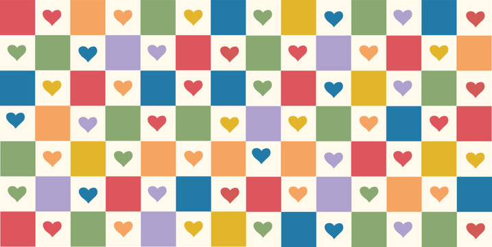 A charming and intricate seamless pattern featuring numerous small hearts in various colors arranged within a soft pastel-colored checkered grid. The heart icons are distributed across squares 