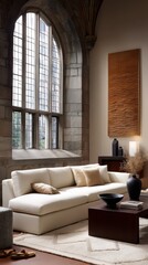 Fototapeta premium Minimal white living room with sofa and decor at home, cozy lifestyle, modern comfort, clean interior.