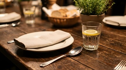 Fototapeta premium Rustic dining table setting with plate napkin and glass of water with lemon