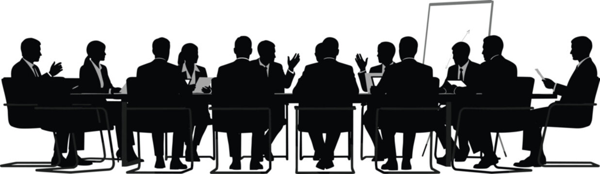 Black silhouette vector of business people in a corporate meeting or conference sitting around a large boardroom table