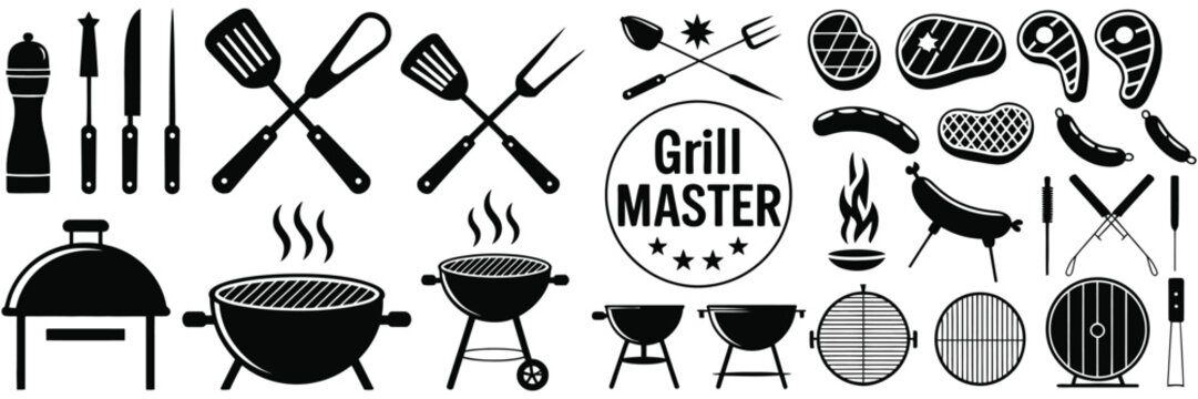 Grill Master icon vector set with BBQ cooking symbols, barbecue menu signs and chef grill logo illustration collection design.