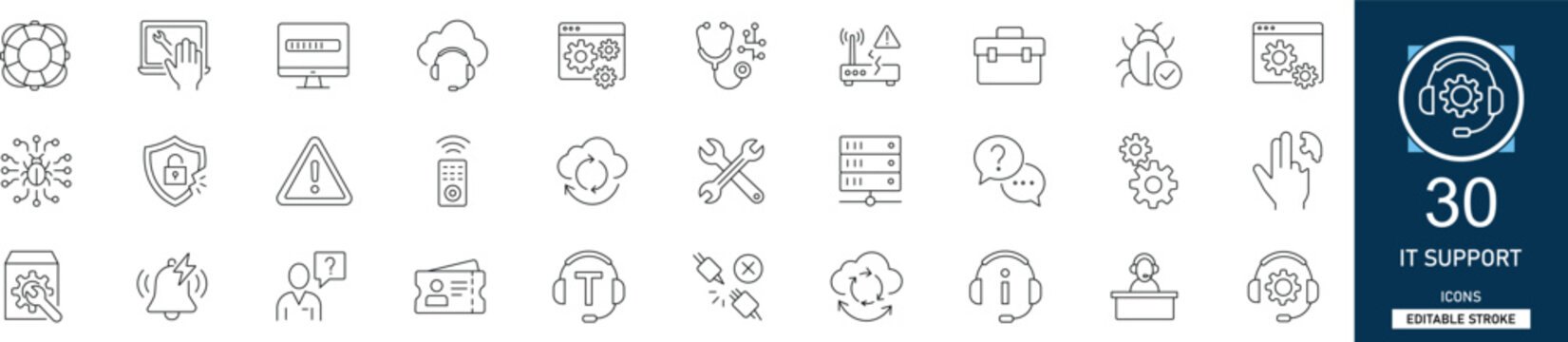IT support line icon set with 30 icons: technical assistance, help desk, computer repair, customer service, software help, network troubleshooting. Clean linear vector, editable stroke.