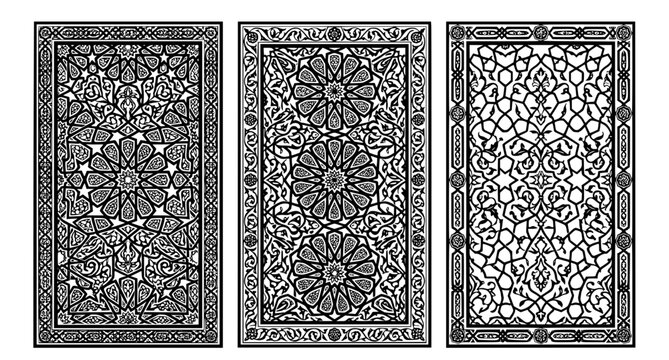 Intricate black and white jali panel vector set with Islamic geometric lattice ornament designs
