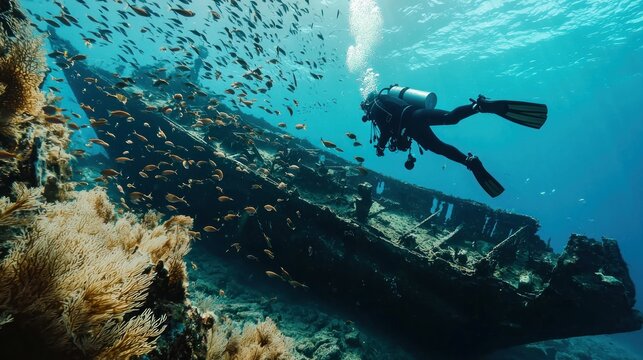 An underwater diver explores the mysterious remains of a shipwreck on the ocean floor, carefully navigating through schools of fish and marine plants