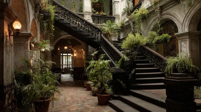 Grand staircase in a plant filled atrium