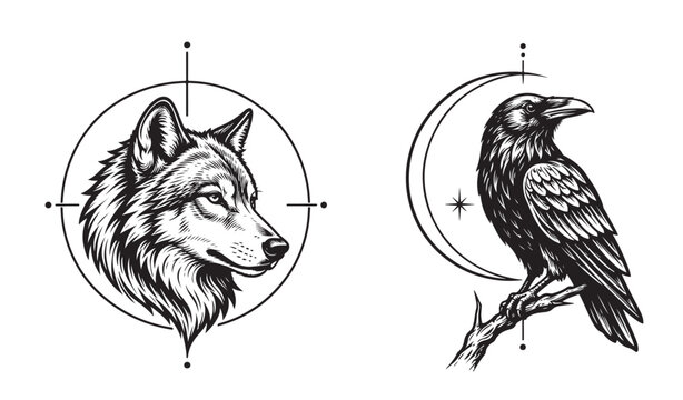 Mystical Wolf Head Drawing Looking Right Within a Compass Circle Symbol and a Detailed Raven Perching on a Branch Under a Crescent Moon and Star Design