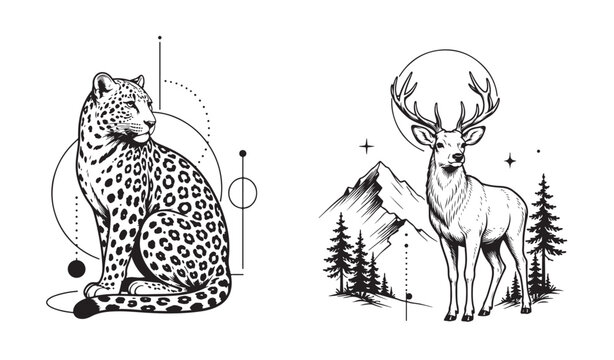 Majestic Leopard With Cosmic Geometric Patterns and Graceful Deer Standing Near Mountains, Pine Trees, and a Moon in a Detailed Line Art Illustration