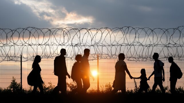 Silhouettes of people walking near fence at sunset, migration concept, social issue, dramatic scene.