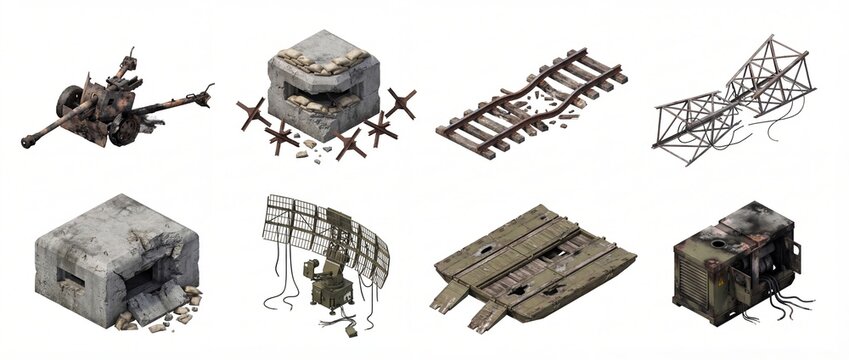 Isometric 3D render of a ruined military base, featuring war-torn bunkers, radar, artillery, and collapsed structures. Ideal for game assets.