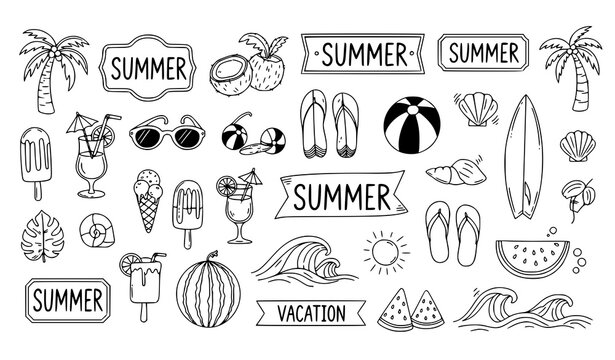 Tropical beach doodle vector set cute summer labels and holiday symbols