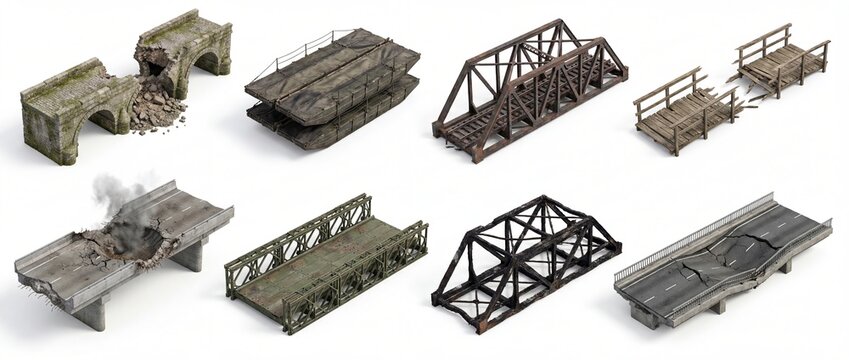 A 3D render collection of diverse bridges: ancient ruins, modern highway collapses, rusty railroad, broken wooden, and military tactical pontoon & truss bridges. Isolated.