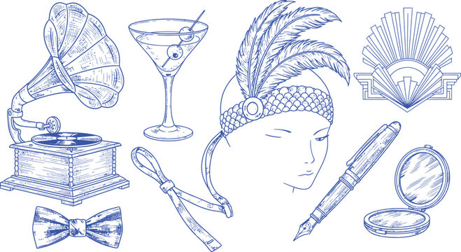 1920s gatsby style illustration with gramophone cocktail and flapper accessories blueprint
