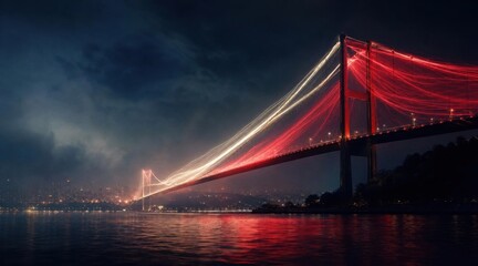Obraz premium Illuminated suspension bridge at night with red and white light streaks reflecting on water