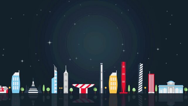 City skyline night animation with colorful famous landmarks and skyscrapers under a starry sky.