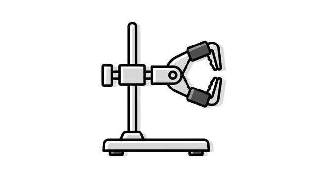 Illustration of a laboratory retort stand with a three-pronged clamp, commonly used in scientific experiments.