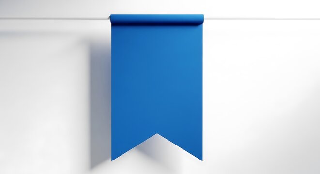 A plain blue vertical pennant flag hanging from a simple horizontal pole against a white wall.