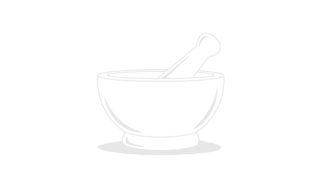 Simple white outline drawing of a mortar and pestle, a traditional tool for grinding and crushing ingredients.