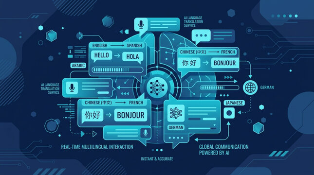 Digital communication network with chat bubbles and data streams.