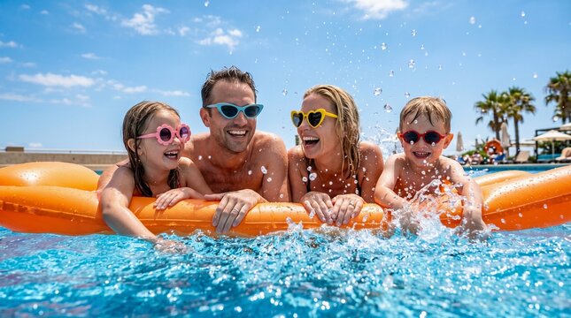 Cheerful family on orange floaty playing in resort swimming pool during summer