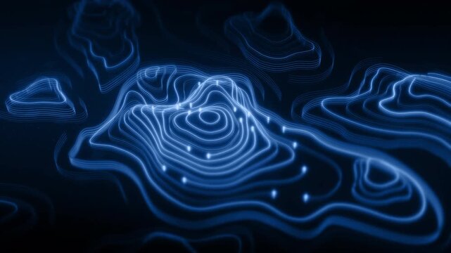 Futuristic digital topographic map with glowing neon contour lines, abstract 3D terrain visualization, modern data technology and cyber landscape concept