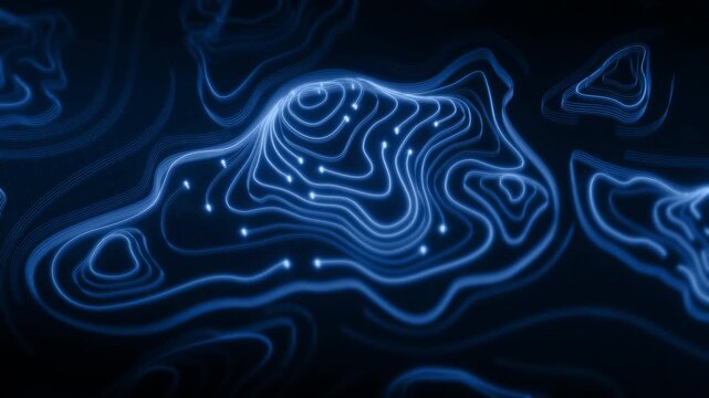 Futuristic digital topographic map with glowing neon contour lines, abstract 3D terrain visualization, modern data technology and cyber landscape concept