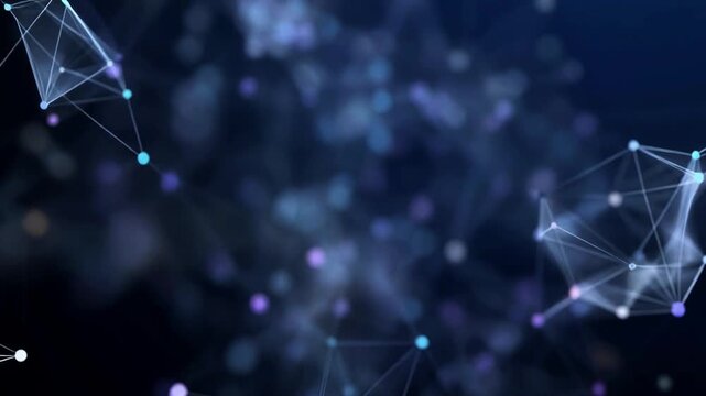 A futuristic network of glowing connections and nodes forms a complex web in a dark space.