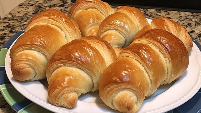 Freshly baked croissants, golden brown, flaky, and delicious, arranged on a plate