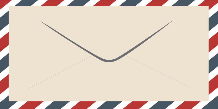 Vintage airmail postcard back template with diagonal blue and red stripe. Travel post card blank backside. Air mail envelope frame with postage place.