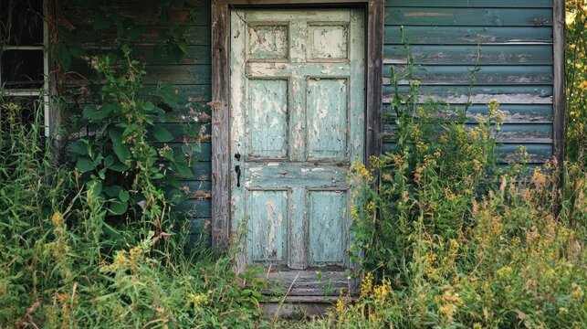 A time-worn door with cracked jambs in an abandoned rural house surrounded by overgrown weeds
