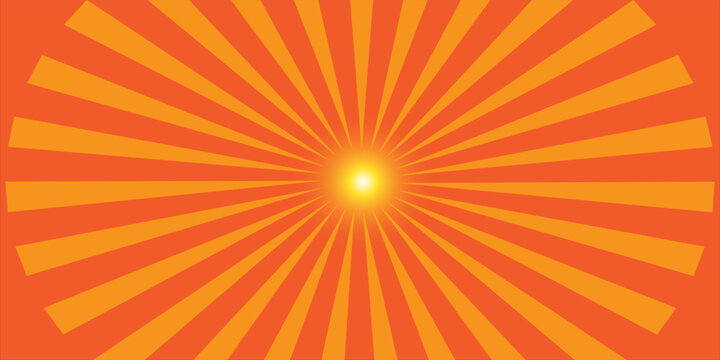 Abstract orange sunburst background with radial yellow sun rays and central glowing light effect