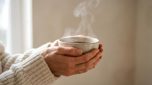 Close-up of hands holding a steaming ceramic cup by a window in soft natural light, capturing a cozy morning routine, warmth, comfort, and quiet everyday lifestyle at home